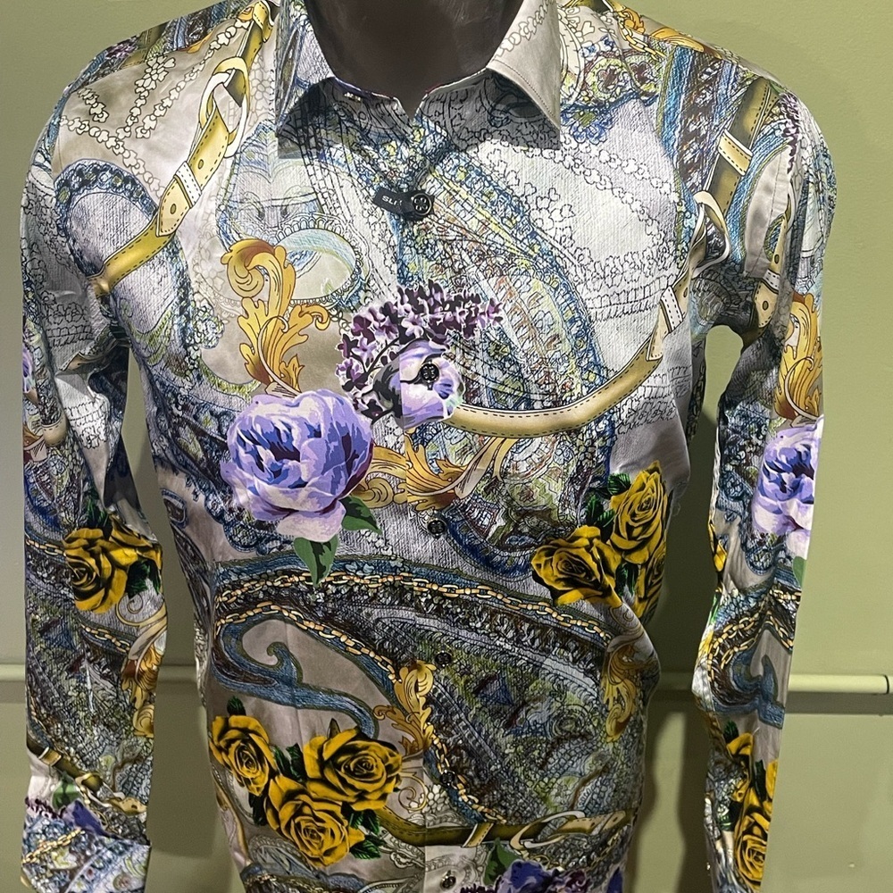 Barabas button front Men's Multicolor gold/lavender Patterned Shirt slim fit - Picture 4 of 4